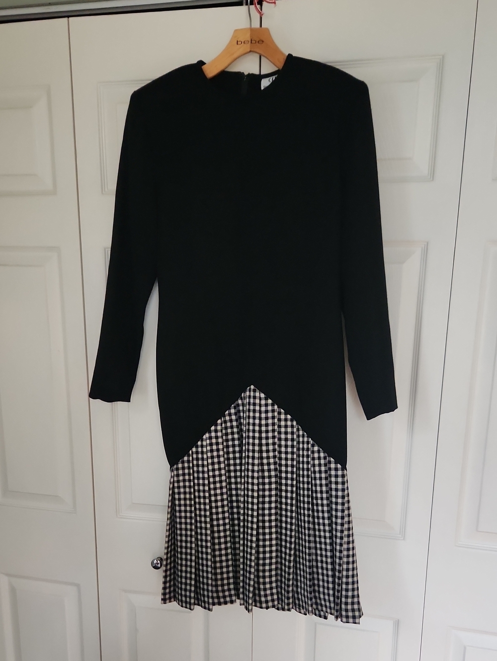 Vintage Chetta B Black Dress Black-and-White Gingham Pleated Skirt 100% Wool